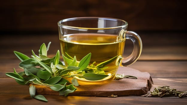 Freshly made cup of sage tea Tea, Herbal tea, Sage, Liquid, Leaves , on a wooden table Generate AI