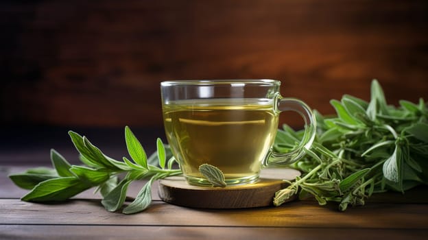 Freshly made cup of sage tea Tea, Herbal tea, Sage, Liquid, Leaves , on a wooden table Generate AI