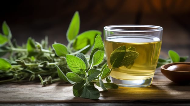 Freshly made cup of sage tea Tea, Herbal tea, Sage, Liquid, Leaves , on a wooden table Generate AI