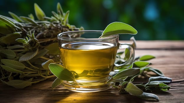 Freshly made cup of sage tea Tea, Herbal tea, Sage, Liquid, Leaves , on a wooden table Generate AI