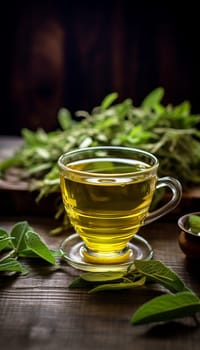 Freshly made cup of sage tea Tea, Herbal tea, Sage, Liquid, Leaves , on a wooden table Generate AI