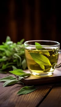 Freshly made cup of sage tea Tea, Herbal tea, Sage, Liquid, Leaves , on a wooden table Generate AI