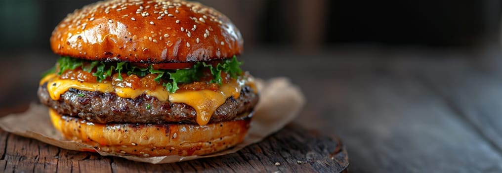 double cheeseburger with lettuce, tomato, onion, and melted american cheese with panoramic composition Copy space. Delicious fresh Fast food meat burger close up