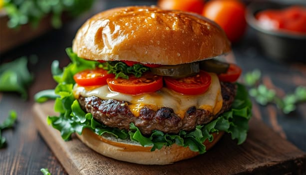 double cheeseburger with lettuce, tomato, onion, and melted american cheese with panoramic composition Copy space. Delicious fresh Fast food meat burger close up