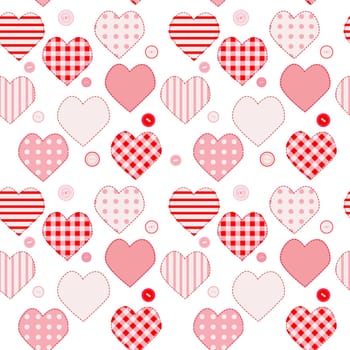 Cute seamless love pattern with pink patchwork hearts and buttons