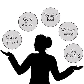 Activities to spend free time. The silhouette of a woman who has more options to spend her free time