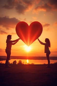 Joyful young couple celebrating Valentine's Day. man and woman holding heart in hands. holiday selective focus. Generative AI,