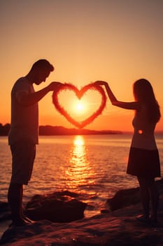 Joyful young couple celebrating Valentine's Day. man and woman holding heart in hands. holiday selective focus. Generative AI,