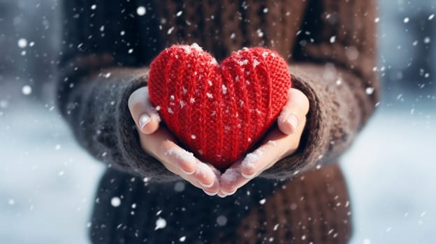 Joyful young couple celebrating Valentine's Day. man and woman holding heart in hands. holiday selective focus. Generative AI,