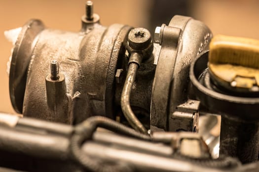 Detailed photo of a diesel engine's turbine, emphasizing the concept of specialized diesel pump repair.