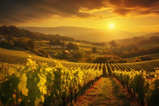 Vineyards and winery with landscape on sunset background