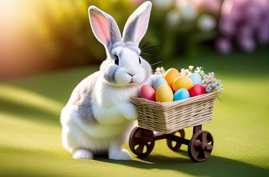 Easter bunny symbol and online store concept. cute white bunny rolls a cart full of Easter eggs and flowers