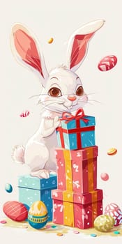 An exuberant Easter illustration captures a white bunny with vibrant ears, clutching a gift box, surrounded by a variety of colorful, patterned Easter eggs