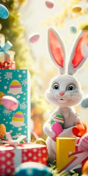 An adorable cartoon Easter bunny holding a decorated egg, surrounded by a variety of colorful eggs and gift boxes, celebrating the festive spirit.