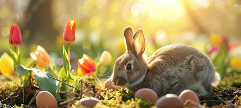 A charming bunny enjoys the beauty of a sun-drenched flower garden, surrounded by Easter eggs and blooming tulips.