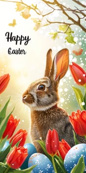 A festive Easter banner depicting a lifelike bunny with red tulips and decorated Easter eggs, embodying the joy of the holiday