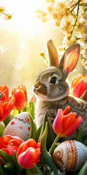 A delightful Easter illustration featuring a curious bunny surrounded by spring tulips and intricately painted Easter eggs, with butterflies in the sunny background.