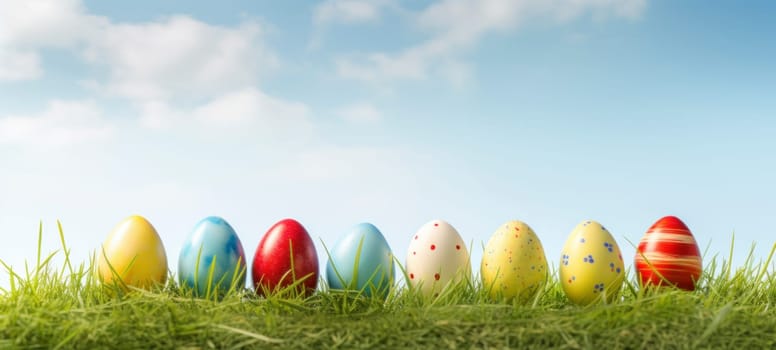 A row of colorful painted Easter eggs sitting in lush green grass under a clear blue sky, representing joy and festivity of the Easter holiday.