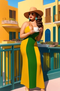 iilustration of voluptous female model having latte macchiato relax outdoors poolside in villagenerative ai art