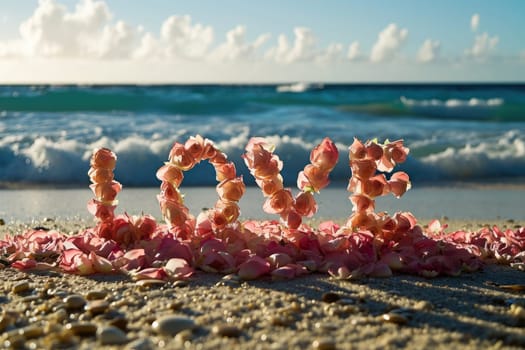 romantic beach of love rose petals on the coastline wide view pragma