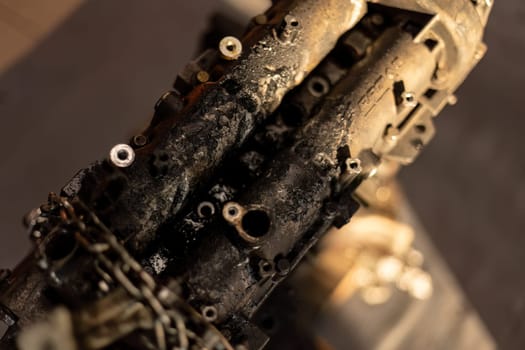 Rome, Italy 17 january 2024: Detailed photo of a corroded, dismantled car engine, highlighting the impact of wear and decay.