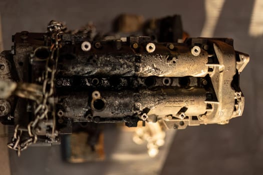 Rome, Italy 17 january 2024: Detailed photo of a corroded, dismantled car engine, highlighting the impact of wear and decay.