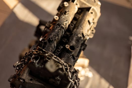 Rome, Italy 17 january 2024: Detailed photo of a corroded, dismantled car engine, highlighting the impact of wear and decay.