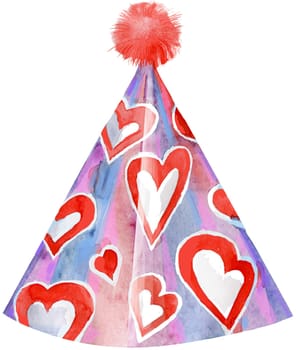 Red party hat on light background. Card design. Watercolor hand drawing