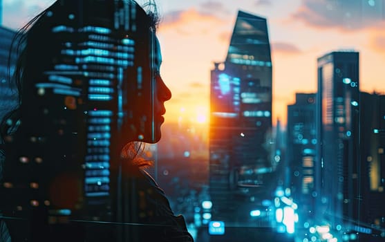 Woman silhouette and digital data, Girl nested within the cityscape.