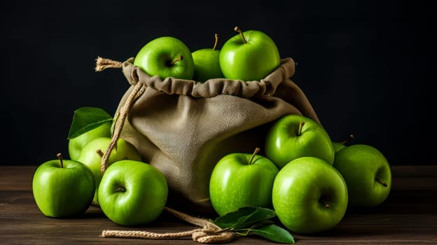 Bag made of natural fabric with green apples. The concept of recycling, saving, no plastic, proper nutrition, healthy lifestyle, diet, veganism, vegetarianism.