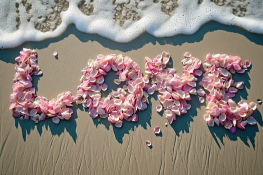 romantic beach of love rose petals on the coastline wide view pragma