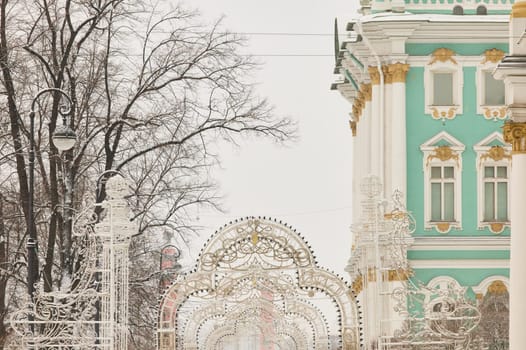 Christmas decoration of festive building of the Hermitage on square Palace in Russia - Saint Petersburg at snowfall. High quality photo
