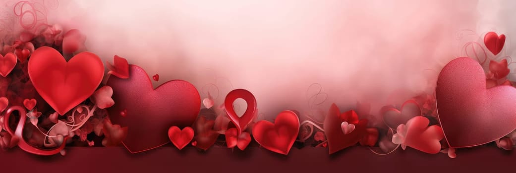 St. Valentines day, wedding banner with abstract illustrated red, pink flying hearts on pink bokeh background. Use for cute love sale banners, vouchers or greeting cards. Concept love, copy space