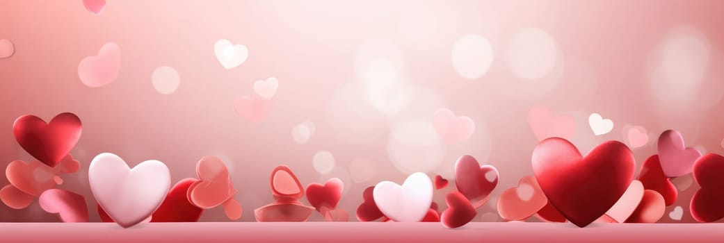 St. Valentines day, wedding banner with abstract illustrated red, pink flying hearts on pink bokeh background. Use for cute love sale banners, vouchers or greeting cards. Concept love, copy space