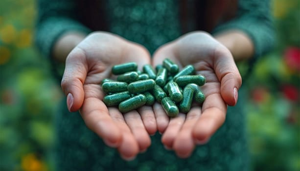 Alternative medicine herbal organic capsule with vitamin E omega 3 fish oil, mineral, drug with herbs leaf natural supplements for healthy good life. Herbal medicine in capsules. Nature medication green supplement