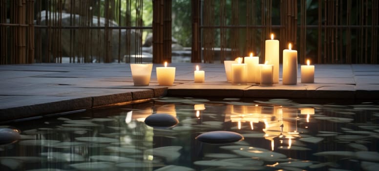Lit candles provide a tranquil atmosphere on a stone platform by calm waters, creating a peaceful spa environment with bamboo in the background.