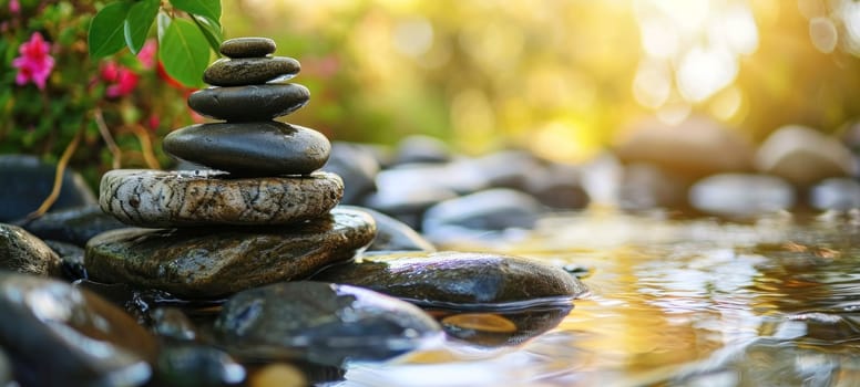 A stack of balanced stones on a mossy rock, creating a Zen-like natural scene with a warm sun flare in the background, symbolizing peace and mindfulness.