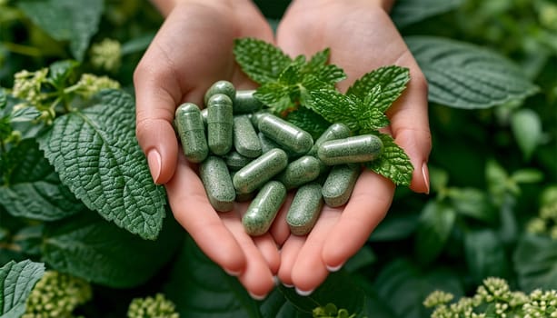 Alternative medicine herbal organic capsule with vitamin E omega 3 fish oil, mineral, drug with herbs leaf natural supplements for healthy good life. Herbal medicine in capsules. Nature medication green supplement