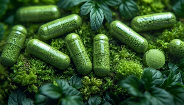 Alternative medicine herbal organic capsule with vitamin E omega 3 fish oil, mineral, drug with herbs leaf natural supplements for healthy good life. Herbal medicine in capsules. Nature medication green supplement