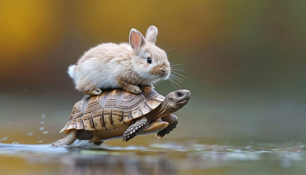 Rabbit sits on running turtle. while the tortoise runs slow the rabbit's fast run race the trees woodland fairy tale book the hare and the tortoise struggle story race Copy space space for text