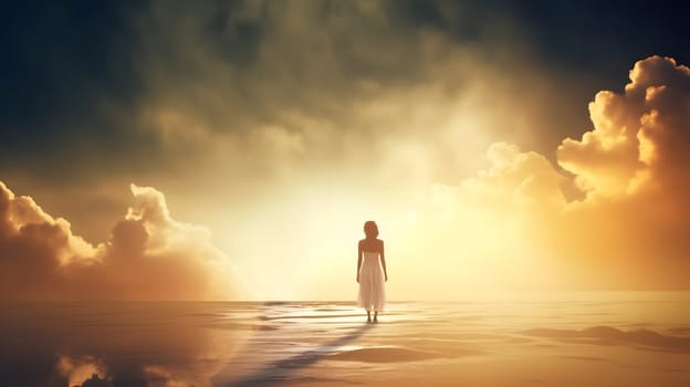 female silhouette walking in sunset clouds, generative ai. High quality photo