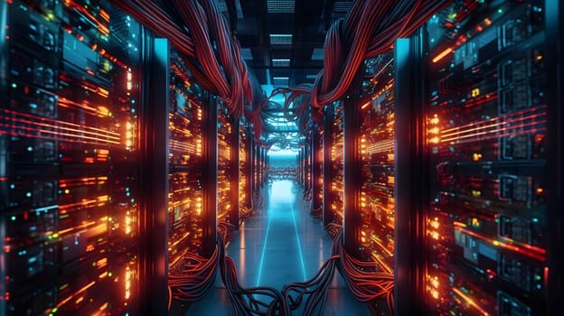 mystical data center with servers and thick cable harnesses, generative ai. High quality photo