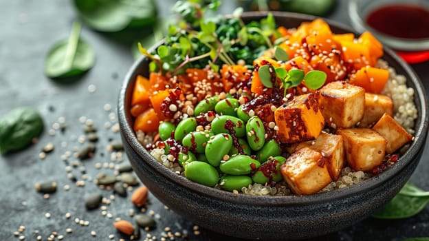 Top view of vegetarian buddha bowl with pumpkin, quinoa, spinach, edamame, tofu, sprouts and seeds, on a table with a dark surface. AI generated.
