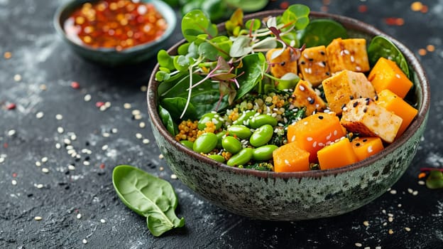 Top view of vegetarian buddha bowl with pumpkin, quinoa, spinach, edamame, tofu, sprouts and seeds, on a table with a dark surface. AI generated.