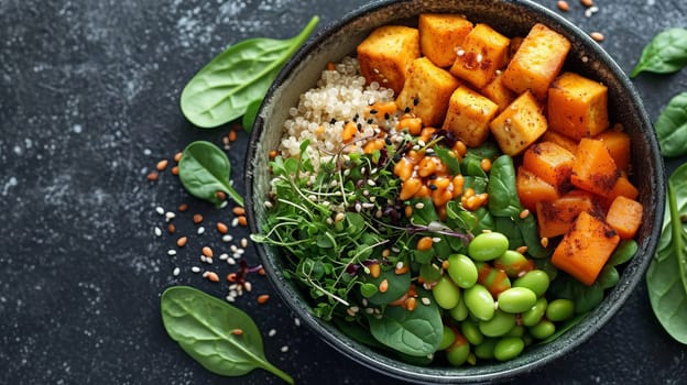 Top view of vegetarian buddha bowl with pumpkin, quinoa, spinach, edamame, tofu, sprouts and seeds, on a table with a dark surface. AI generated.