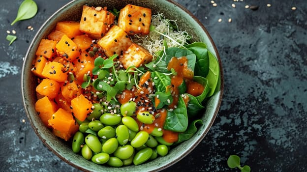 Top view of vegetarian buddha bowl with pumpkin, quinoa, spinach, edamame, tofu, sprouts and seeds, on a table with a dark surface. AI generated.