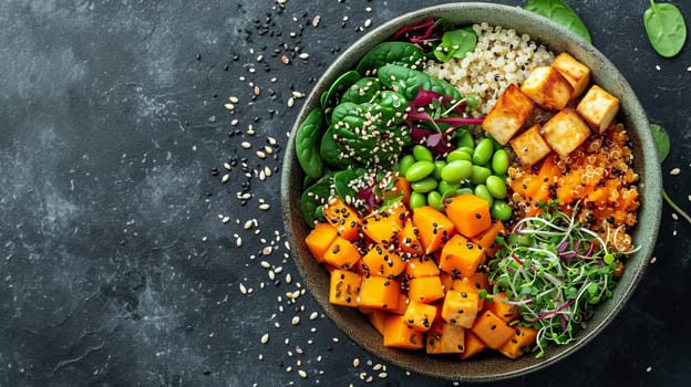 Top view of vegetarian buddha bowl with pumpkin, quinoa, spinach, edamame, tofu, sprouts and seeds, on a table with a dark surface. AI generated.