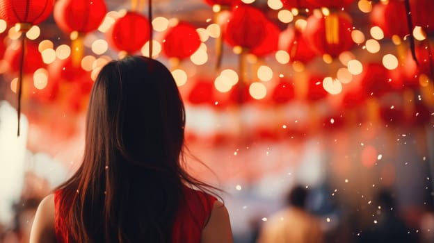 Asian woman celebrating new year eve on a blurred holiday background with chinese red lantern. View from the back AI