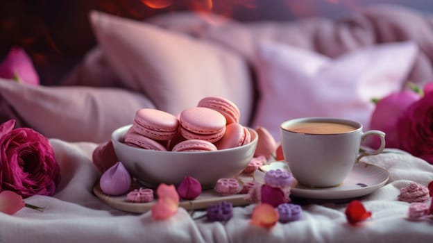 Breakfast in bed for Valentine's Day, tea and pink macaron, blurred background AI
