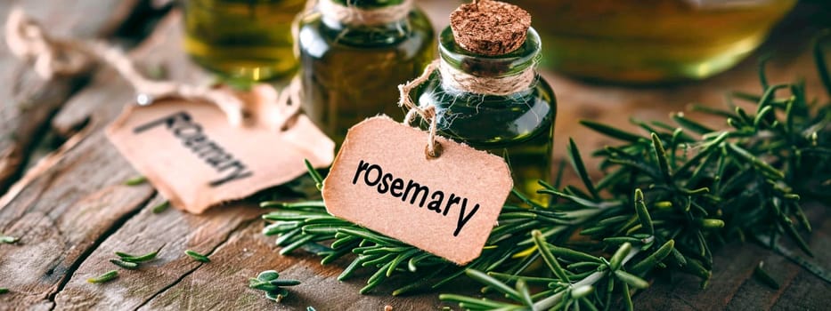Rosemary essential oil in a bottle. Selective focus. Nature.